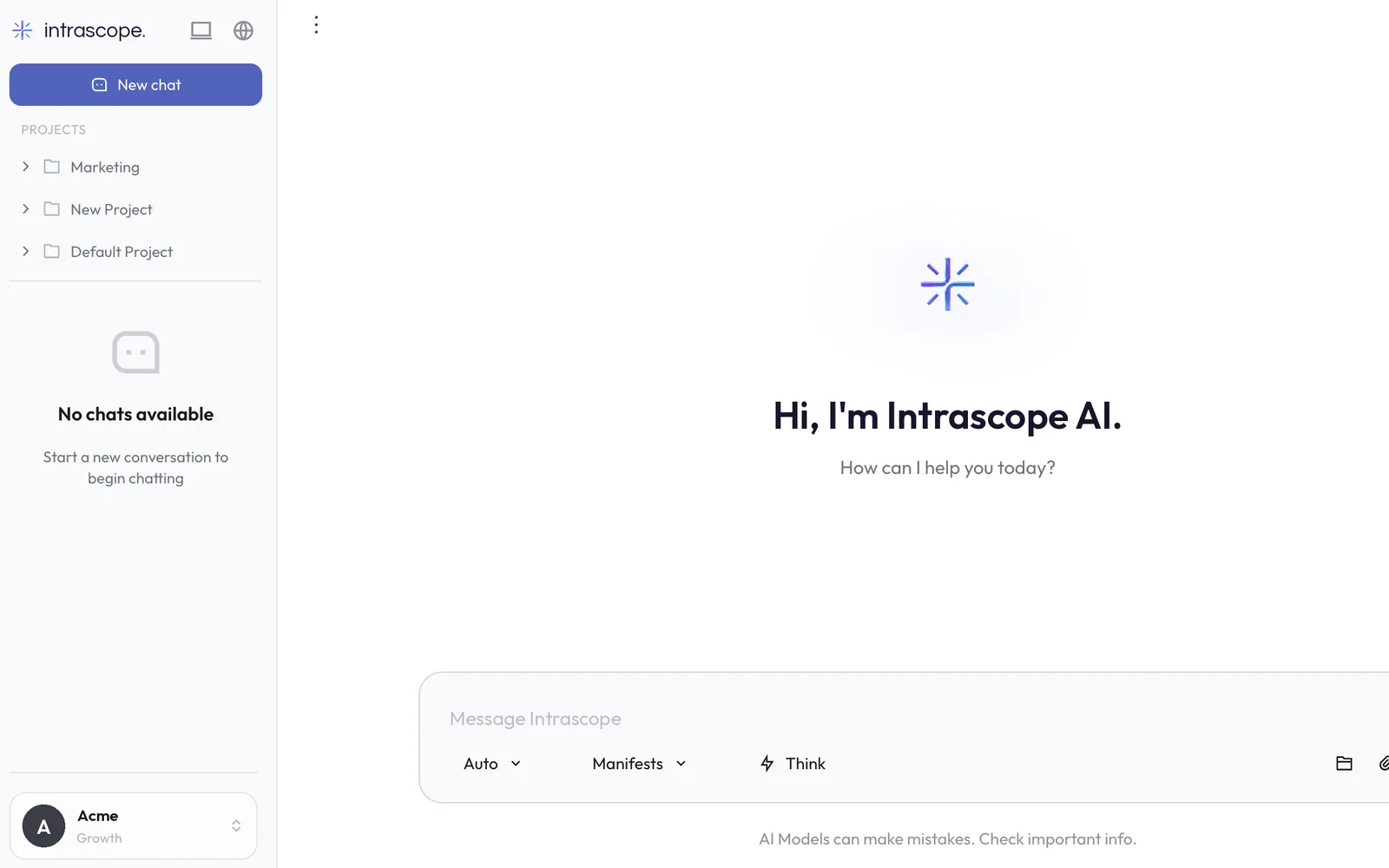 Intrascope chat with projects in the sidebar and Auto, Manifests and Think in the composer
