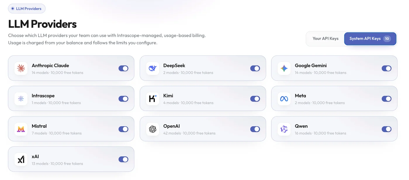 LLM providers screen with Anthropic, Google Gemini, DeepSeek, Mistral and other vendors toggled on