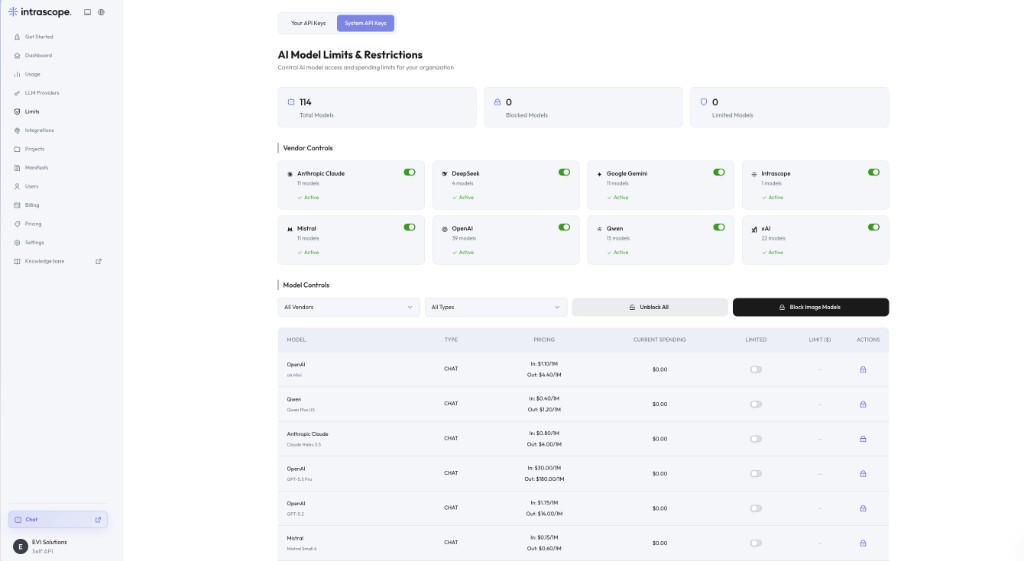 Intrascope AI Model Limits and Restrictions screen showing per-model current spending and spending caps
