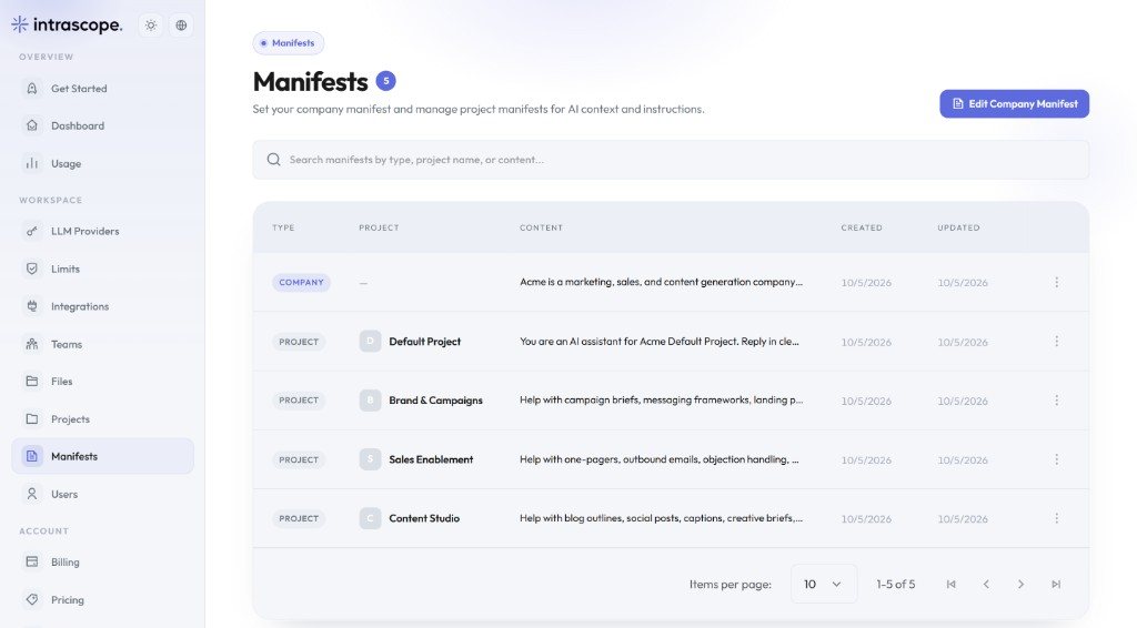 Intrascope company and project manifests